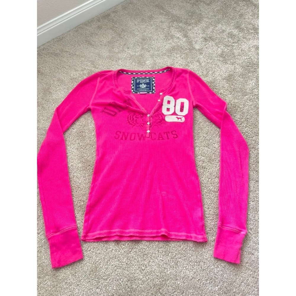 PINK Victoria's Secret Snow Cats 80 Hot Pink Waffle Knit Henley Thermal Medium